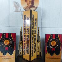 Director Rakesh Sawant received Dada Saheb Phalke Icon Award Films International in Dubai for the film  MUDDA 370 J&K  Rakhi Sawant accepted the trophy